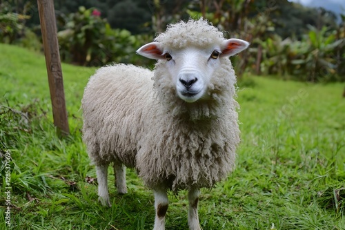 Fluffy sheep on the cool peak with thick and pure white fur roaming in the green fields of Cameron Highlands, enjoying the fresh air while nibbling on fresh grass
