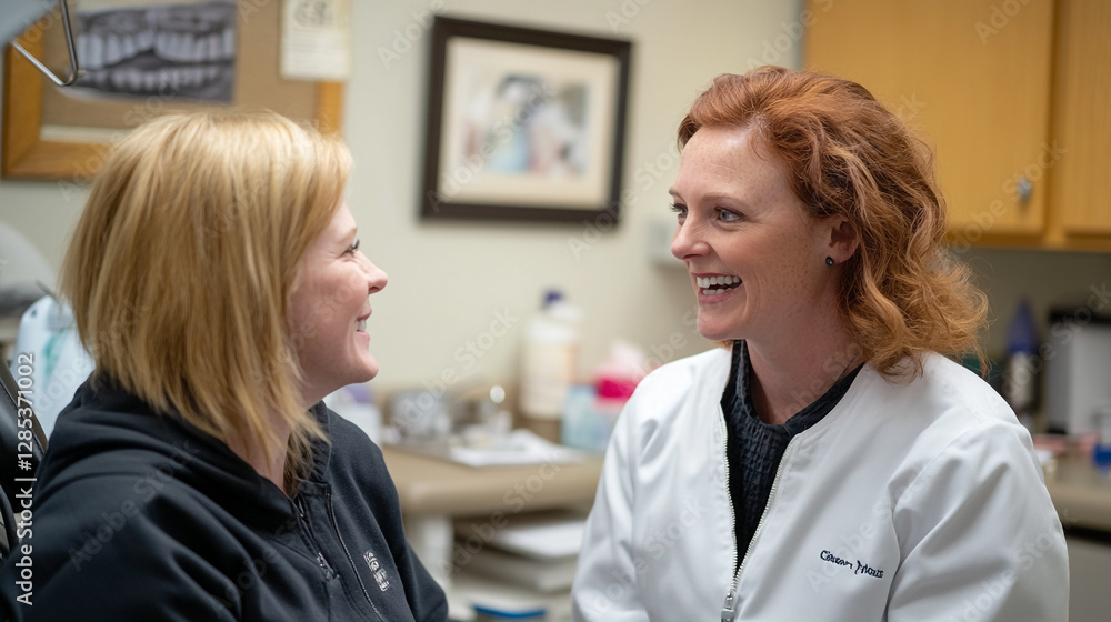 Happy dentist and patient smiling together in office care oral teeth woman white clean smile trust Happy dentist and patient smiling together in office care oral teeth woman white clean smile trust