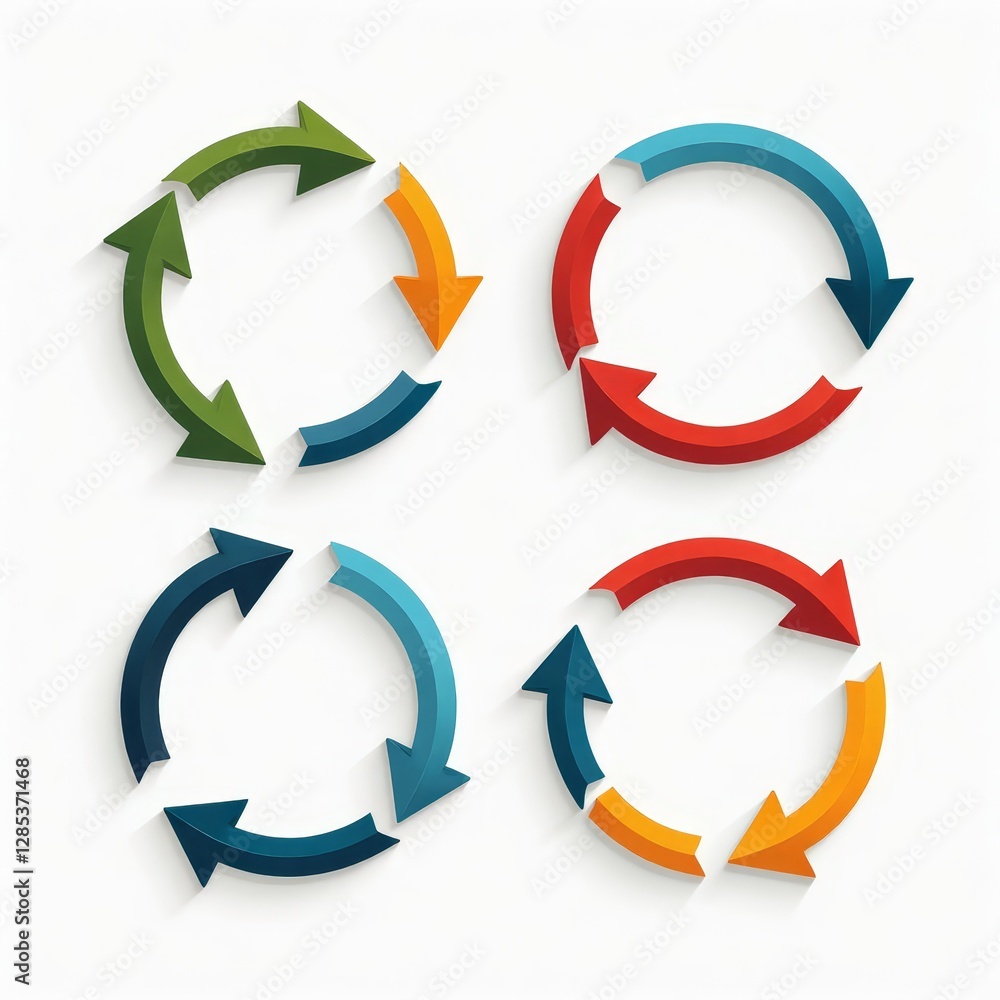 Four colorful circular arrow diagrams on white Four colorful circular arrow diagrams on white