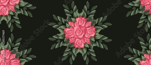 seamless floral pattern with symmetrical pink roses and lush green leaves arranged in a geometric style on a deep dark background fit for fabric prints, wallpaper, gift wrapping, home decor, fashion