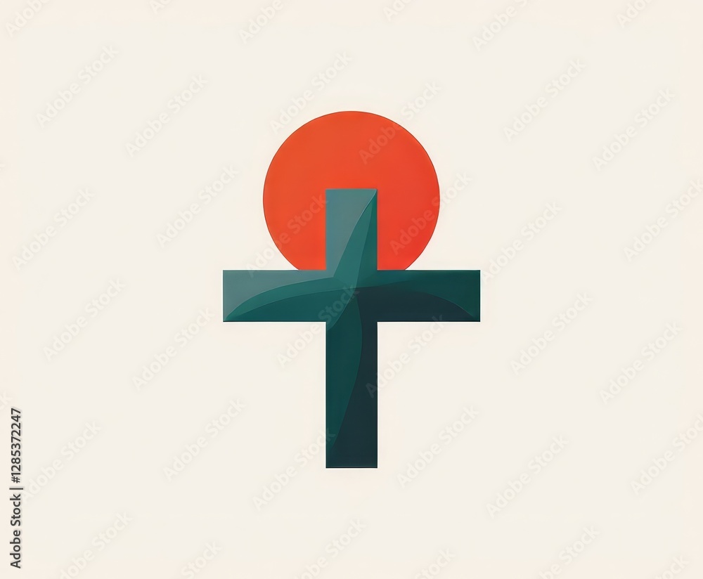 Obraz premium Geometric teal cross with red circle on white