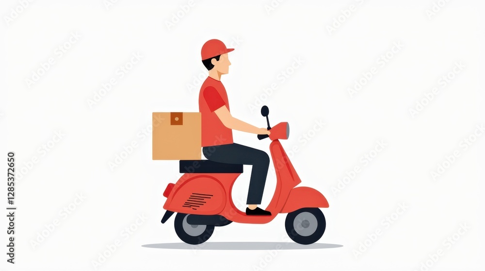 Red Delivery Man on Scooter Illustration Red Delivery Man on Scooter Illustration