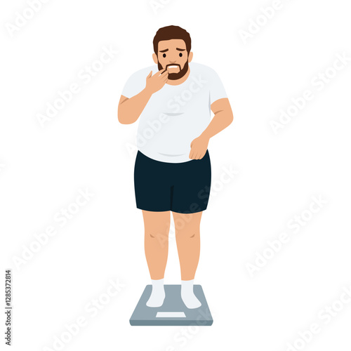 Overweight Man Shocked by Scale Reading. Man standing on a weighing scale with a shocked expression. Flat vector illustration isolated on white background