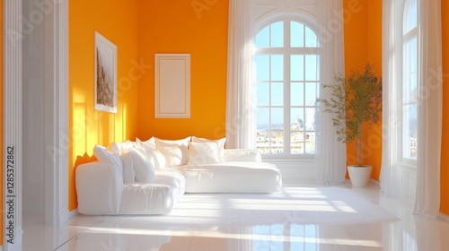 Modern Living Room Featuring Sleek White Furniture and Vibrant Orange Accents, Illuminated by Natural Light Amidst Large Windows Overlooking a Serene View