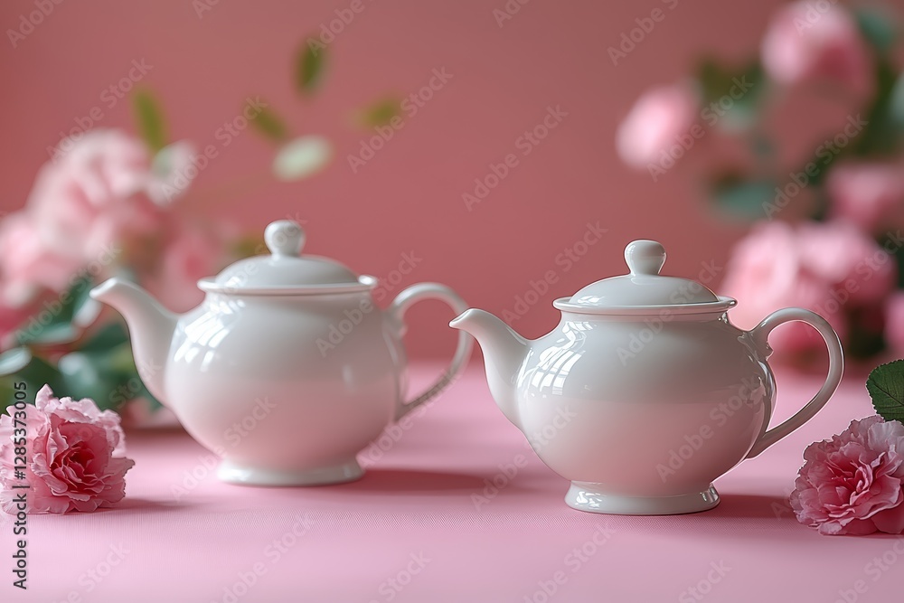 Elegant White Teapots with Pink Roses