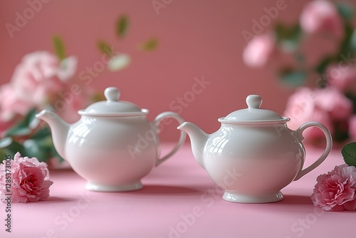Obraz na płótnie Elegant White Teapots with Pink Roses w salonie