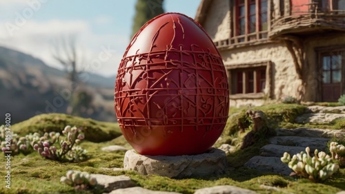 A highly detailed, realistic illustration of a bright red Easter egg, cracked open to reveal a miniature, intricately designed house inside, complete with tiny furniture, delicate windows, and a dimin