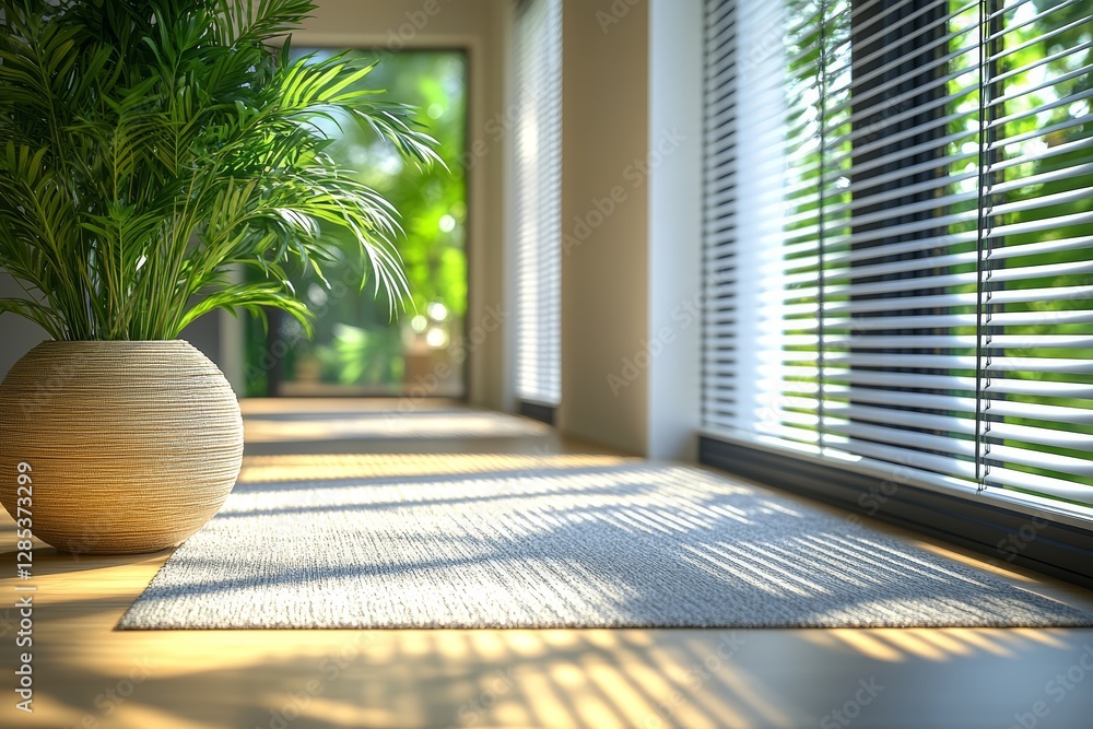 Sunlit Room with Plant Rug and Venetian Blinds