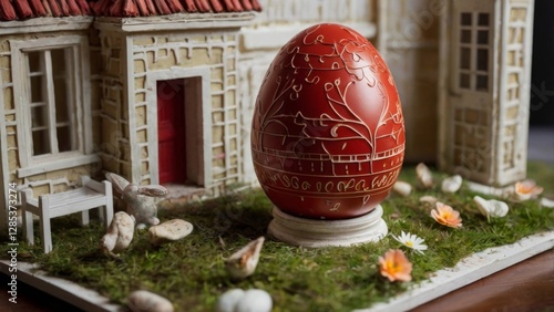 A highly detailed, realistic illustration of a bright red Easter egg, cracked open to reveal a miniature, intricately designed house inside, complete with tiny furniture, delicate windows, and a dimin