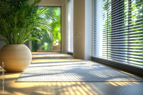 Obraz na płótnie Sunlit Room with Plant Rug and Venetian Blinds w salonie