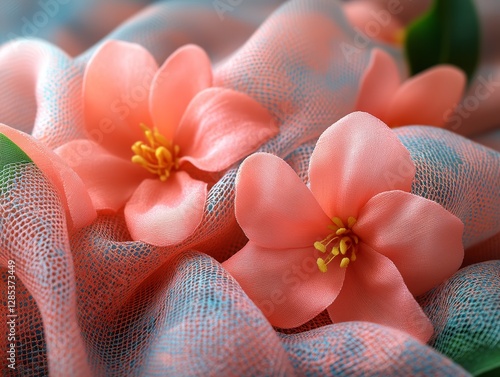 Obraz na płótnie Coral Flowers on Textured Fabric w salonie