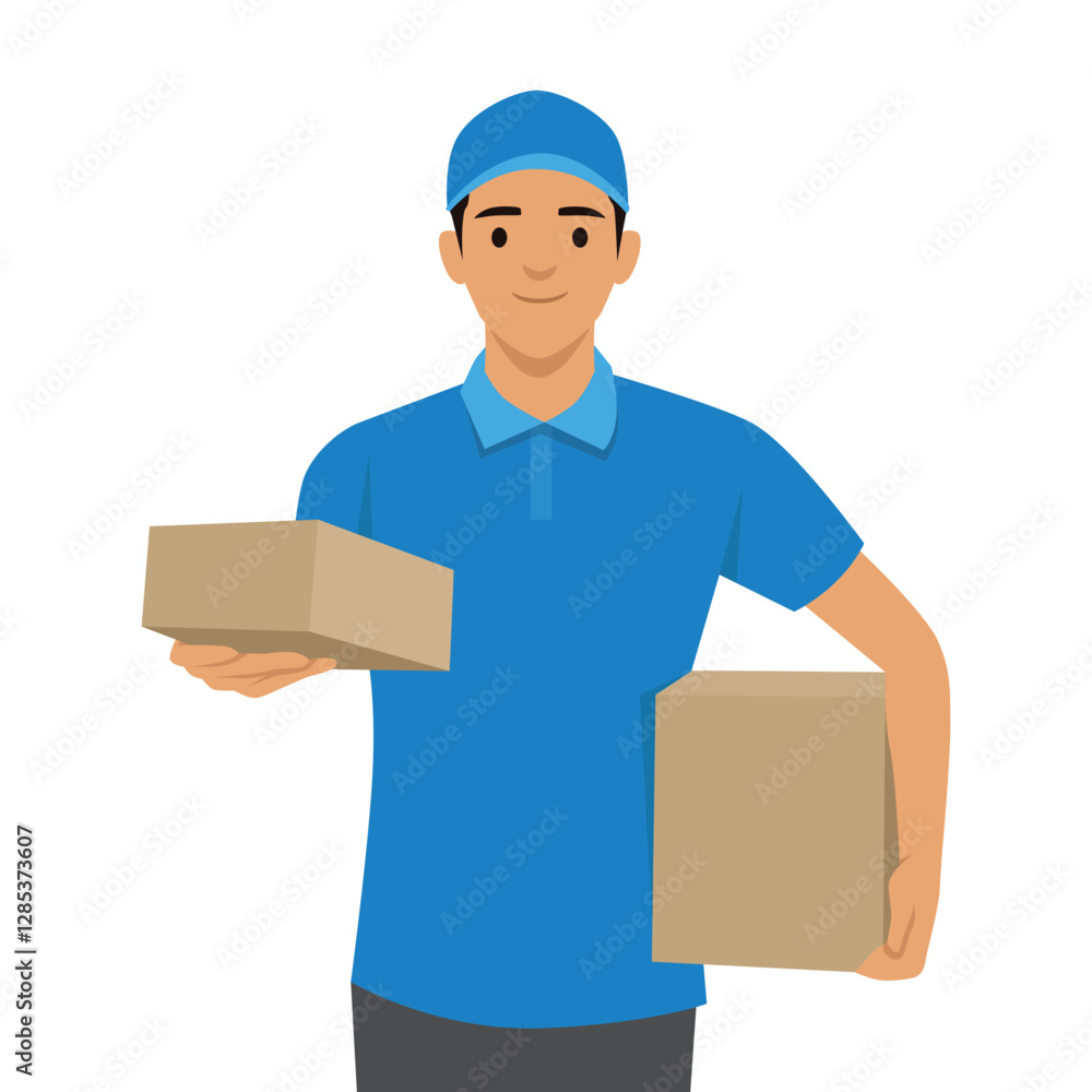 Courier wearing a blue uniform and cap, holding two cardboard packages delivering to customers. Flat vector illustration isolated on white background Courier wearing a blue uniform and cap, holding two cardboard packages delivering to customers. Flat vector illustration isolated on white background