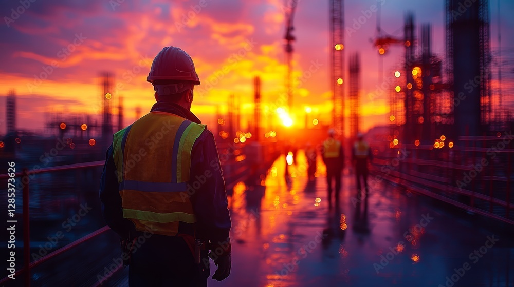 Industrial Worker Sunset Silhouette