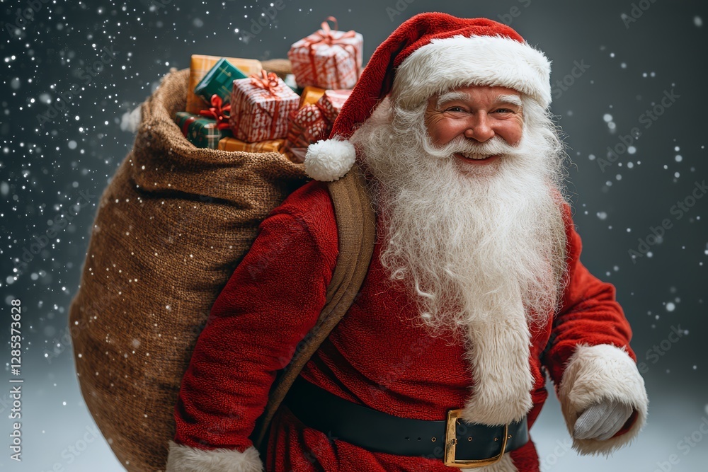 Jolly Santa Claus Carrying a Bag of Christmas Gifts