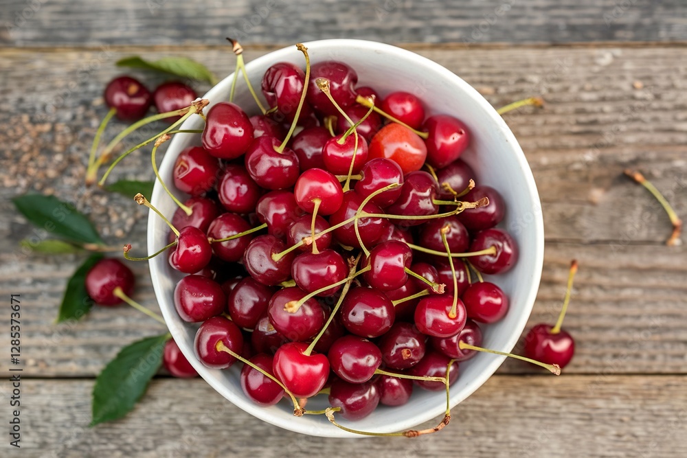 Fresh sour cherry in a bowl on a wooden table Fresh sour cherry in a bowl on a wooden table