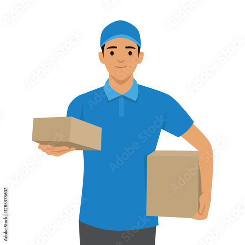 Courier wearing a blue uniform and cap, holding two cardboard packages delivering to customers. Flat vector illustration isolated on white background