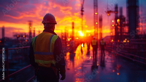 Obraz na płótnie Industrial Worker Sunset Silhouette w salonie