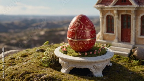 A highly detailed, realistic illustration of a bright red Easter egg, cracked open to reveal a miniature, intricately designed house inside, complete with tiny furniture, delicate windows, and a dimin