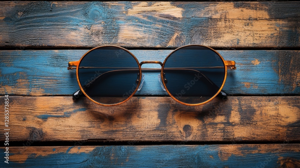 Retro Round Sunglasses on Rustic Wooden Background