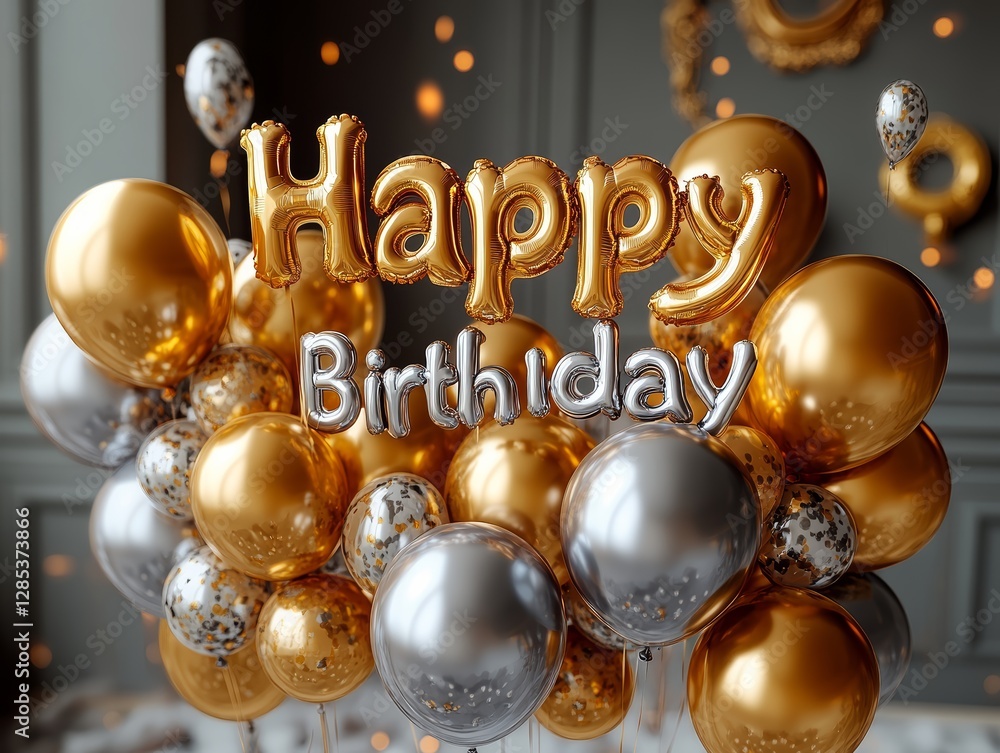 Happy Birthday Gold Silver Balloons Celebration