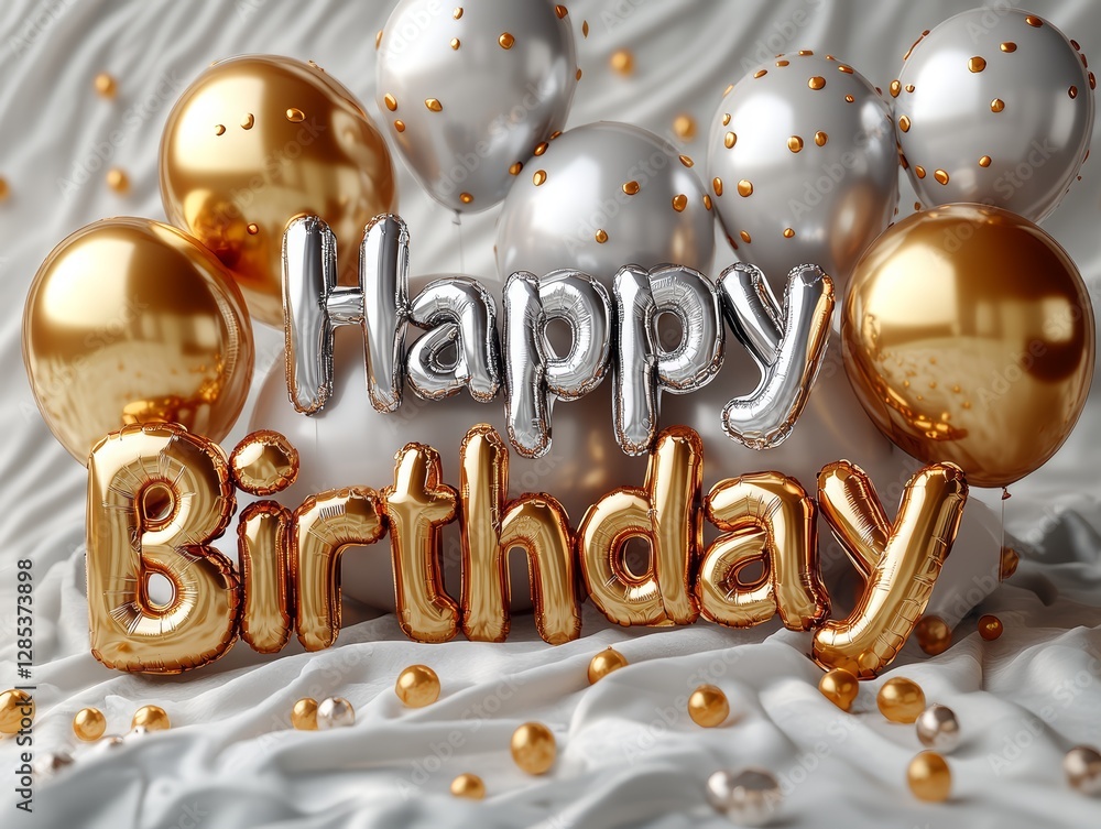 Happy Birthday Gold Silver Balloons Festive Celebration