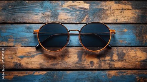 Retro Round Sunglasses on Rustic Wooden Background