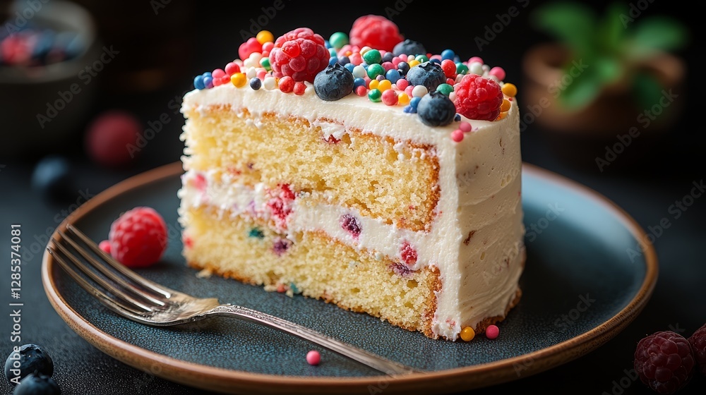 Delicious Raspberry Blueberry Cake Slice with Sprinkles
