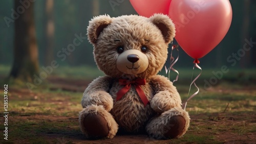 A cute, 2D cartoon-style teddy bear sitting alone, holding a heart-shaped balloon. The teddy has big, sad eyes, a slight frown, and soft, fluffy fur with a hand-drawn look. The balloon appears slightl