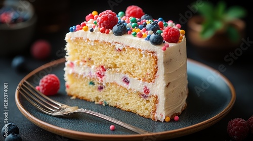 Obraz na płótnie Delicious Raspberry Blueberry Cake Slice with Sprinkles w salonie