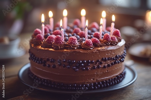 Delicious Chocolate Birthday Cake with Raspberries and Candles