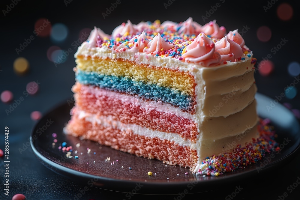 Rainbow Layer Cake Slice with Sprinkles and Frosting