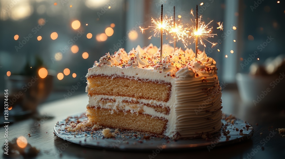 Festive Birthday Cake Slice with Sparklers and Sprinkles
