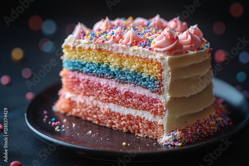 Rainbow Layer Cake Slice with Sprinkles and Frosting