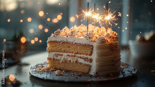 Obraz na płótnie Festive Birthday Cake Slice with Sparklers and Sprinkles w salonie