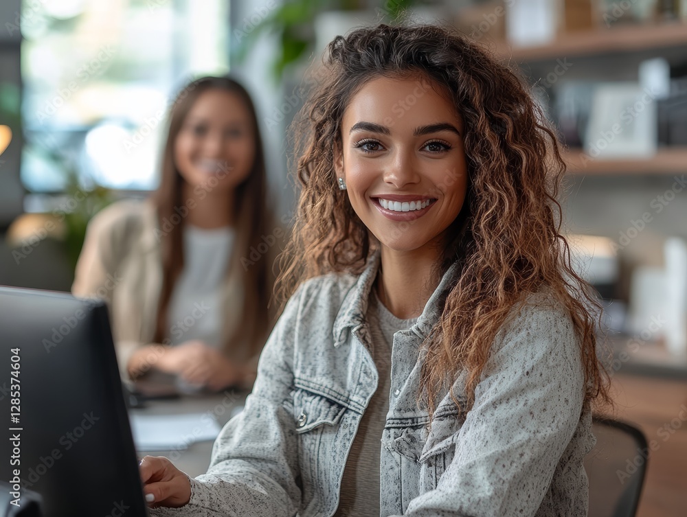Smiling Woman Working on Laptop in Office