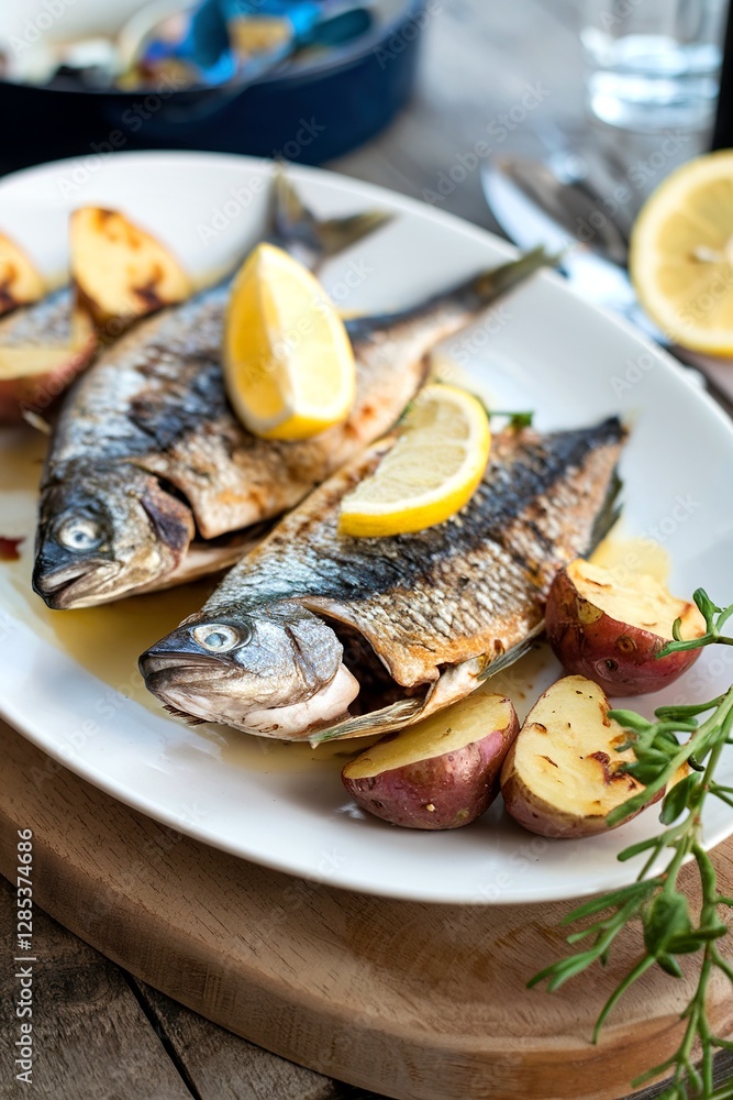 Grilled fish served with lemon and roasted potatoes Grilled fish served with lemon and roasted potatoes