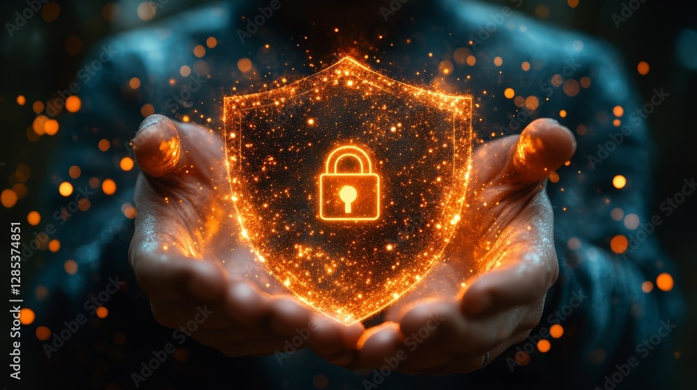 Secure Data Protection Hands Holding Glowing Shield with Lock