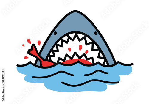 Shark bite clipart. A shark with sharp teeth biting a red object in the water with splashes. Vector illustration design.