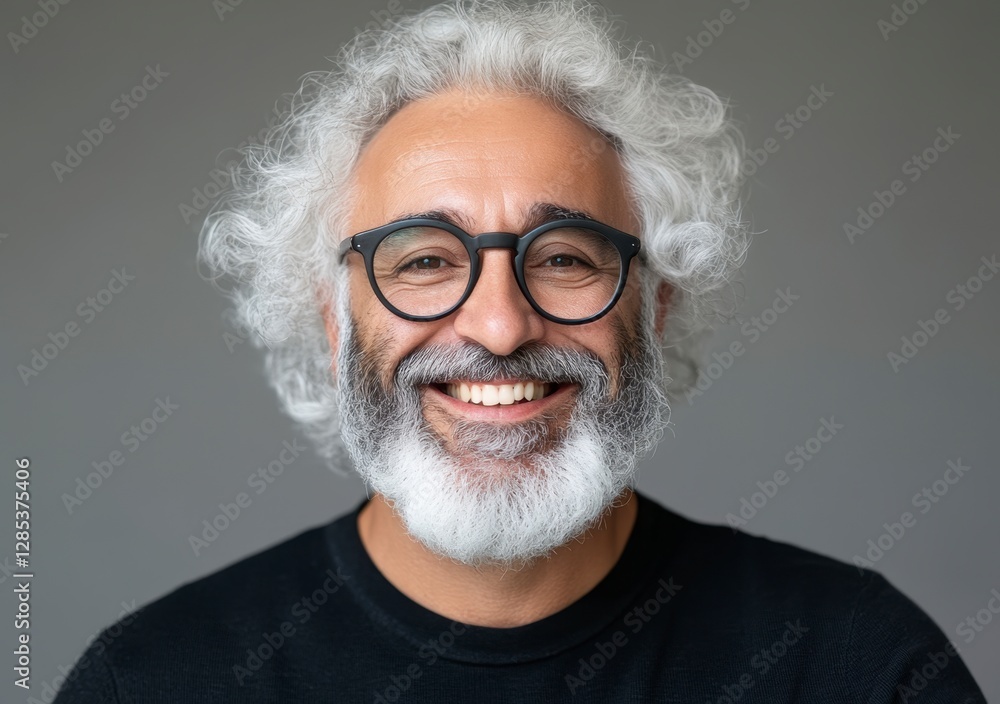 Portrait of a happy mature man with long gray curly hair and beard wearing glasses against a gray background. He is smiling broadly showing his Portrait of a happy mature man with long gray curly hair and beard wearing glasses against a gray background. He is smiling broadly showing his