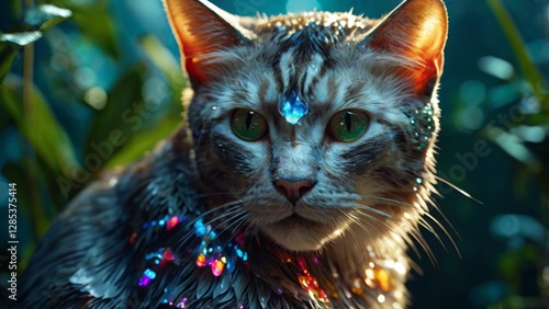 A luminous, transparent glass cat, showcasing an intricate internal ecosystem, featuring miniature colorful fishes  from within, blurring the line between surreal nature and organic growth, set agains