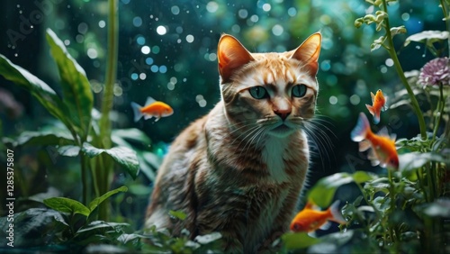 A luminous, transparent glass cat, showcasing an intricate internal ecosystem, featuring miniature colorful fishes  from within, blurring the line between surreal nature and organic growth, set agains