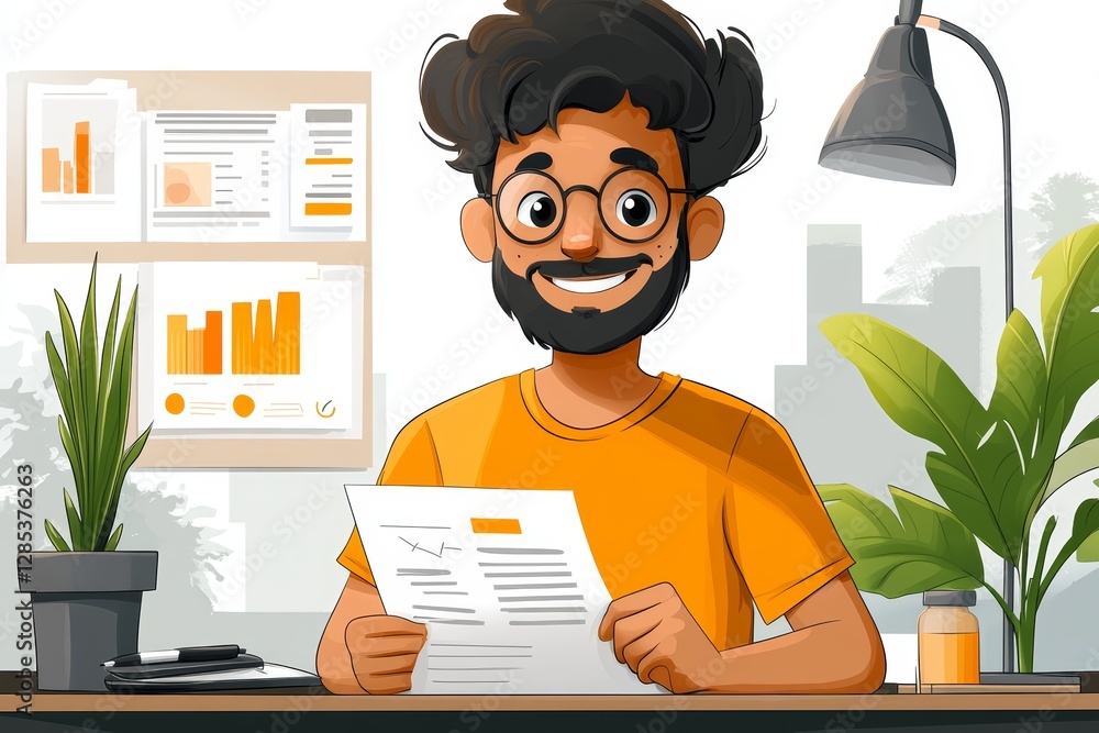 Happy Man Reviewing Documents at Desk