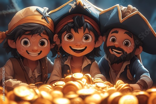 Joyful Pirates Discovering Treasure Chest Gold Coins