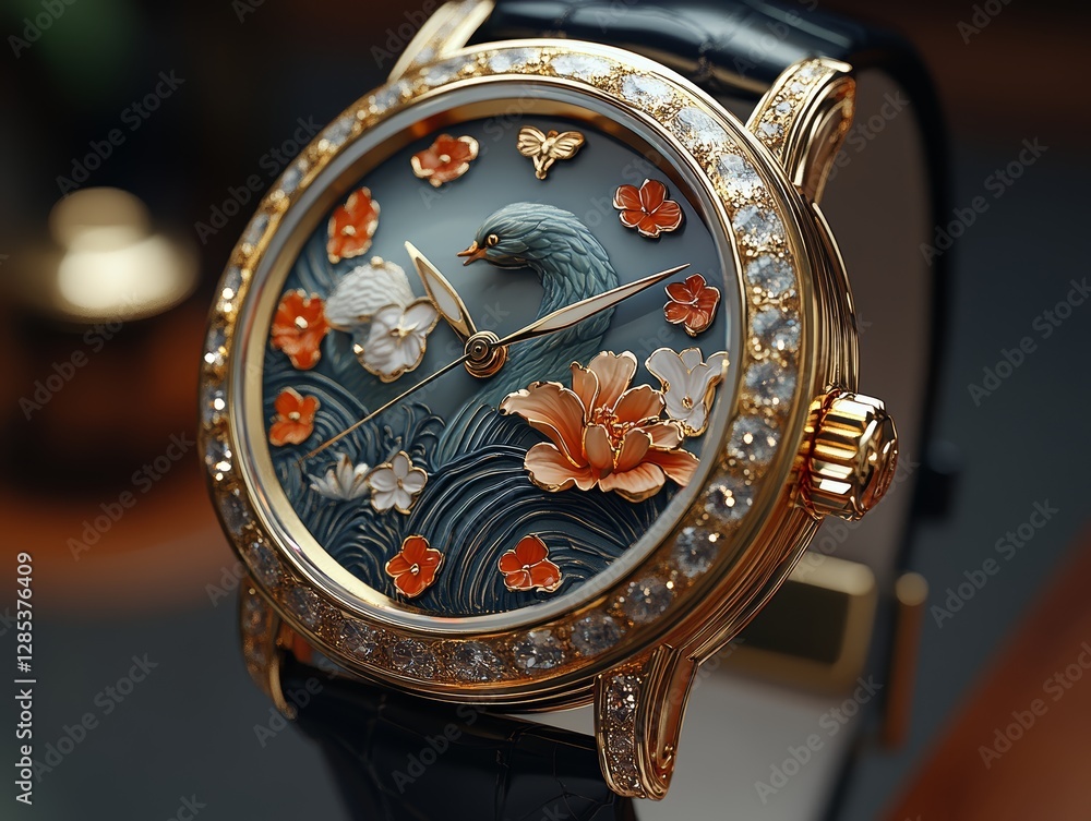 Luxury Gold Diamond Watch with Floral and Bird Design