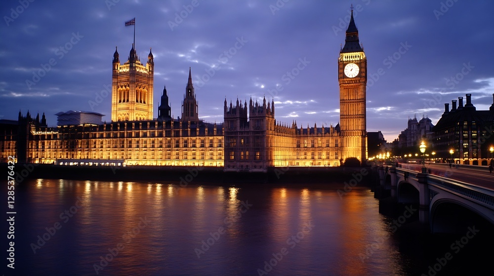 Naklejka premium Stunning view of the iconic Big Ben clock tower and Houses of Parliament at dusk in London : Generative AI