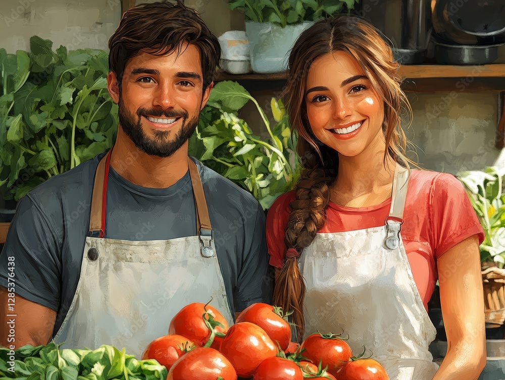 Happy Farmers Couple Holding Fresh Tomatoes and Greens