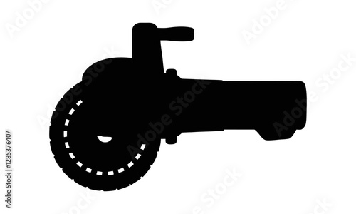 Silhouette style black and white illustration of an angle grinder