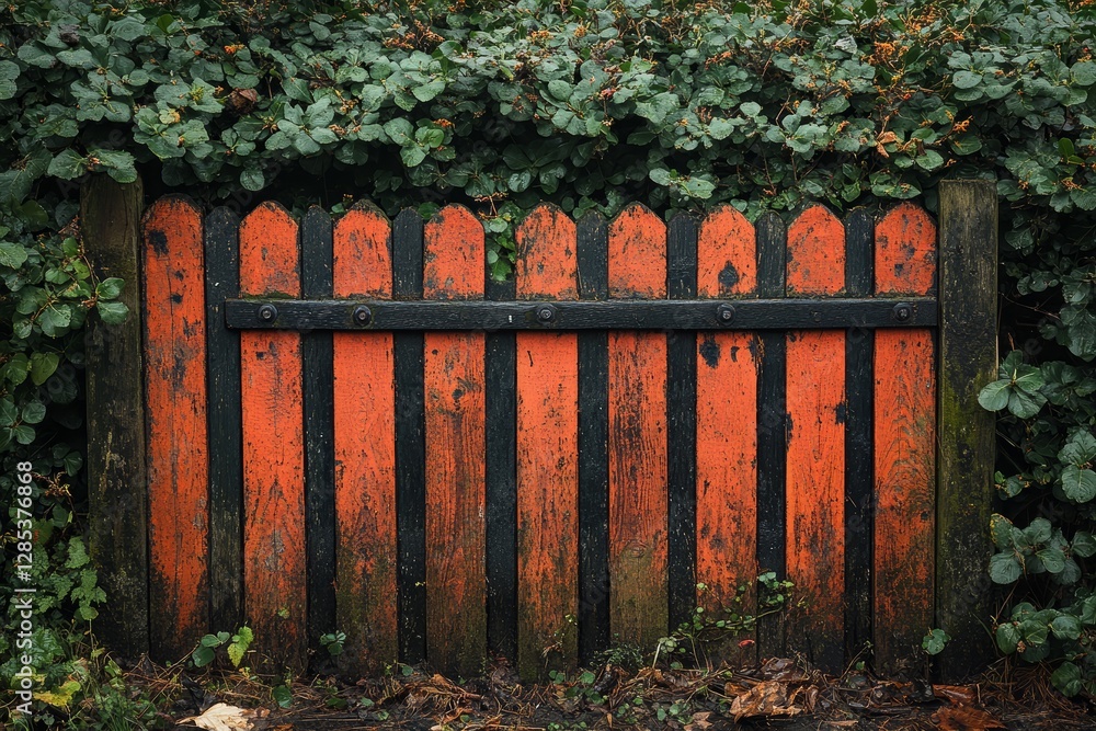 Rustic Orange and Black Wooden Fence Gate with Lush Green Foliage