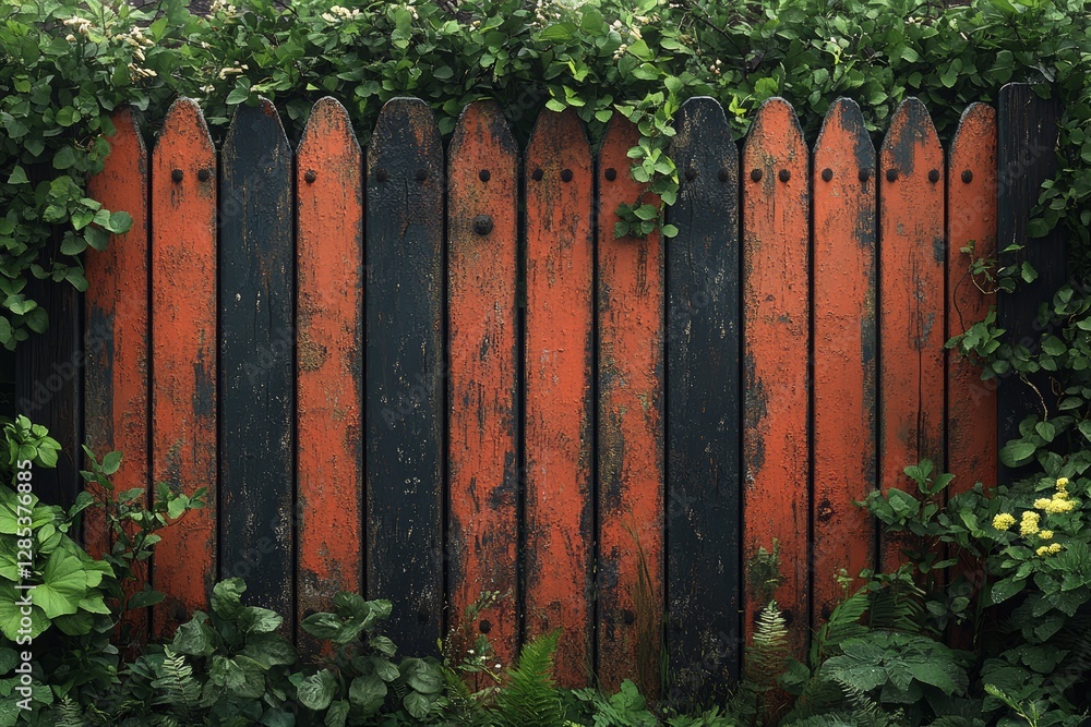 Rustic Orange and Black Wooden Fence with Lush Greenery