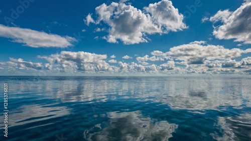 A vibrant and dynamic landscape unfolds, featuring a brilliant blue sky with puffy white clouds drifting lazily across it, reflected in the rippling blue water below, which appears to be in constant m